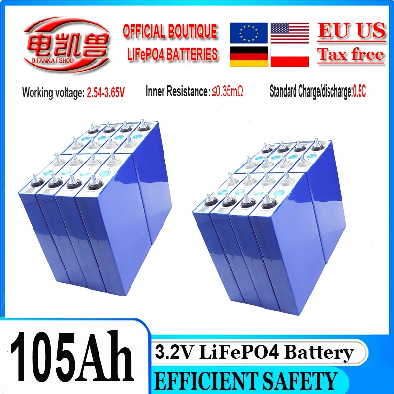 

3.2V LiFePO4 Battery 105Ah Cell DIY 12V 24V 48V Lithium Iron Phosphate Battery with Screws, Bus Bar 4000+ Cycle Grade-A