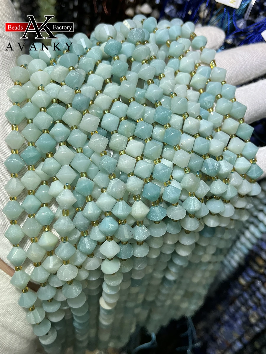 Natural Amazonite Stone Round Crystal Pyramid Beads Faceted Loose