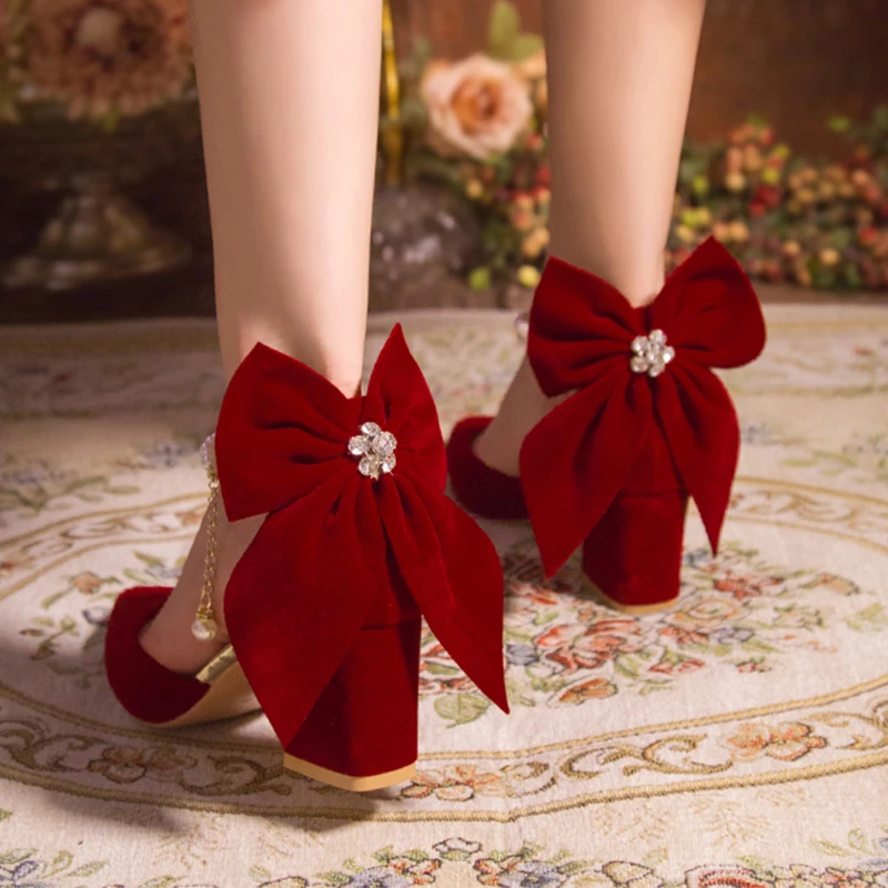 Pretty Big Bowtie Women's Thick Heel Pumps Trend Red Suede Pearls Buckle High Heels Ladies Wedding Dress Shoes Women 34-40 5