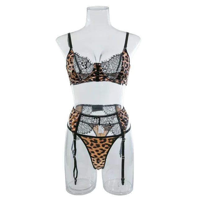 Leopard Print Lace Patchwork Lingerie Set 2