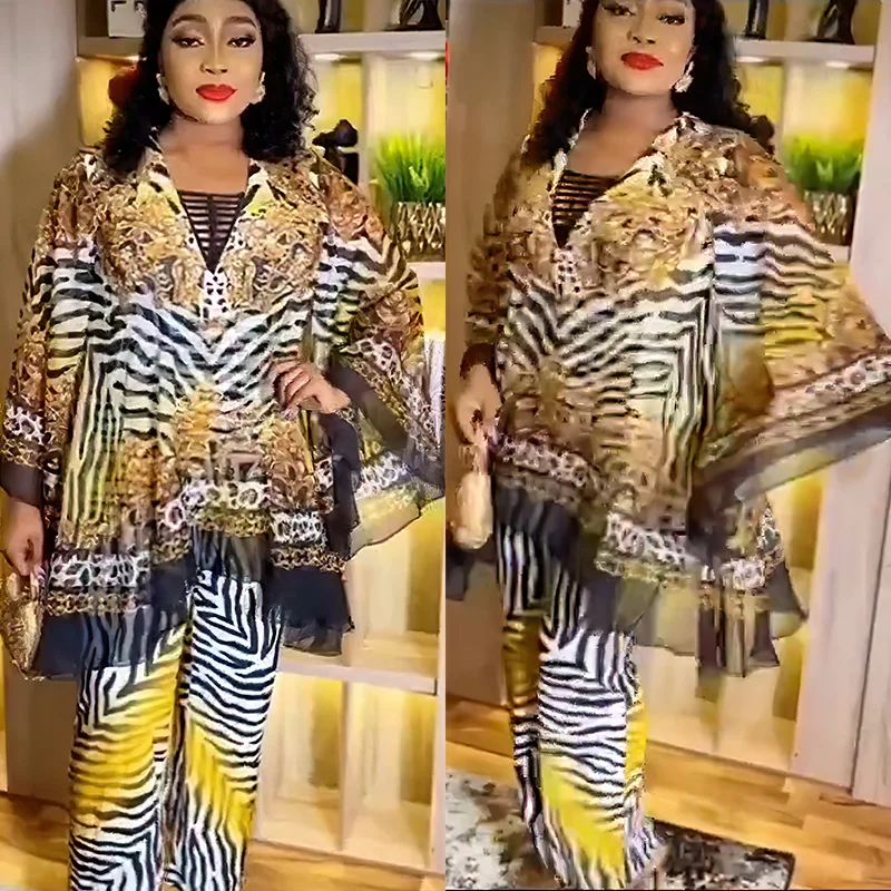 

Dashiki Traditional African Women Clothes Two Pieces Set 2023 Summer Chiffon Outfits Plus Size Print Tops And Pants Suits