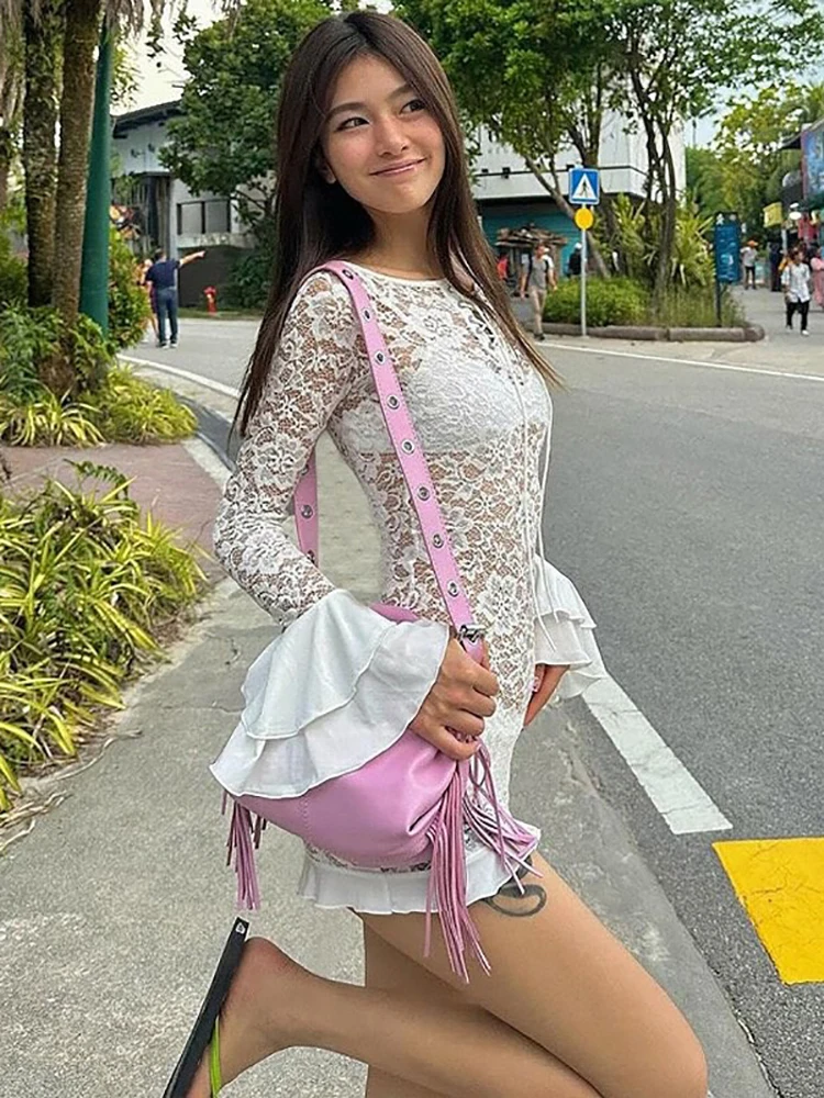 Fantoye Sexy See Through Lace Women Dress White Off Shoulder Flare Sleeve Dress Female Spring Slim Elegant Party Streetwear 2025