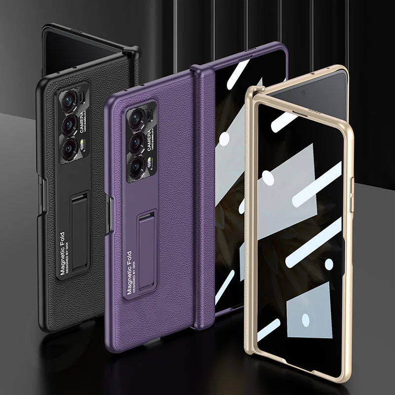 Magnetic Hinge Plain Leather Case for Honor Magic V2 Case Outer Anti-peek Glass