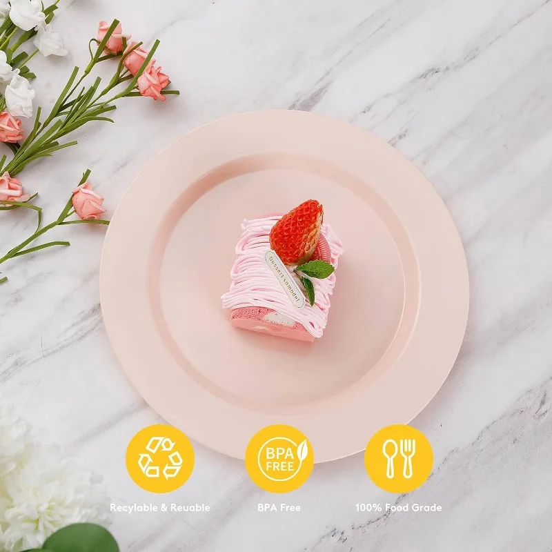 200PCS Disposable Pink Plastic Plates, Heavy Duty Disposable Plates with 100 10.25 inch Plastic Dinner Plates