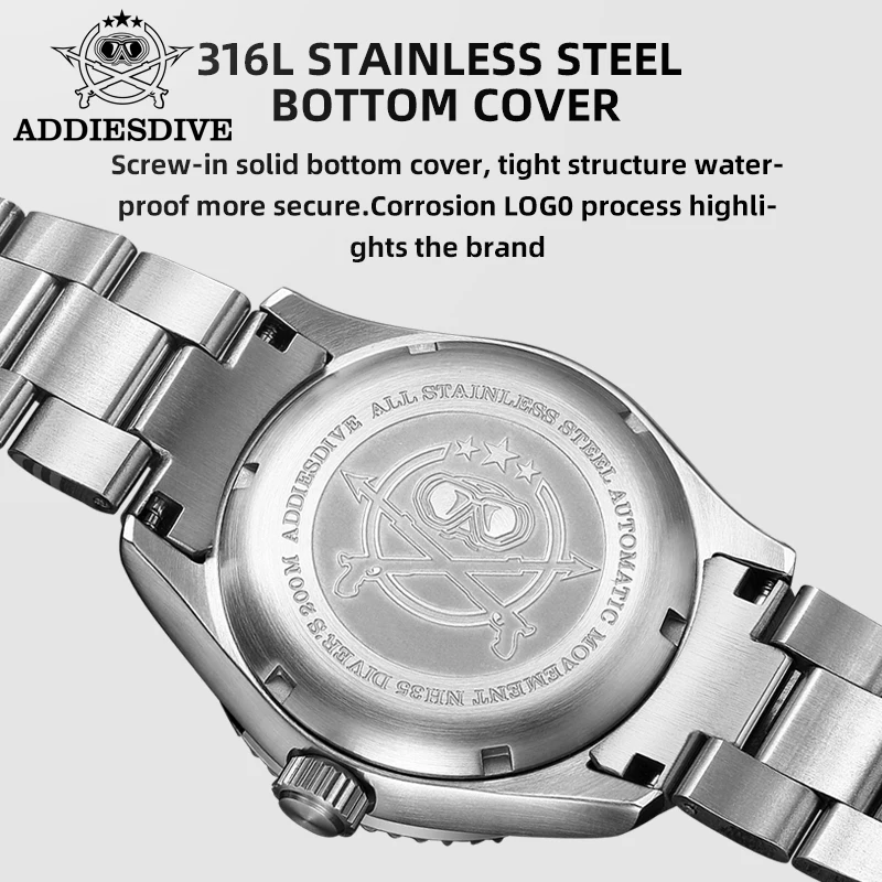 ADDIESDIVE AD2105 Men Watch Brown Leather Strap 200m Waterproof C3 Super Luminous NH35 Movement Automatic Mechanical Watch