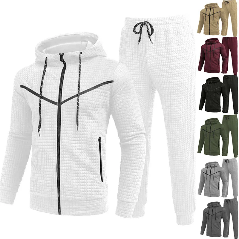 Hoodie Jackets Men Sweatshirts Sets Spring Autumn Clothes Hoodies+Pants Outdoor Casual Suits Jacquard Small Square Tracksuits