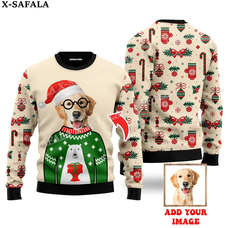 thumbnail image 1 of Suéteres de punto navideños feos con personajes/mascotas personalizados y fotos personalizadas, jerséis de regalo de Navidad, tops para parejas, fiestas, unisex, informales, 4, 1 of 5
