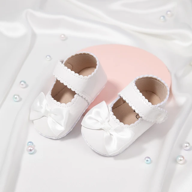 Newborn Baby Shoes Baby Boy Girl Shoes Girl Classic Bowknot Rubber Sole Anti-slip PU Dress Shoes First Walker Toddler Crib Shoes White4