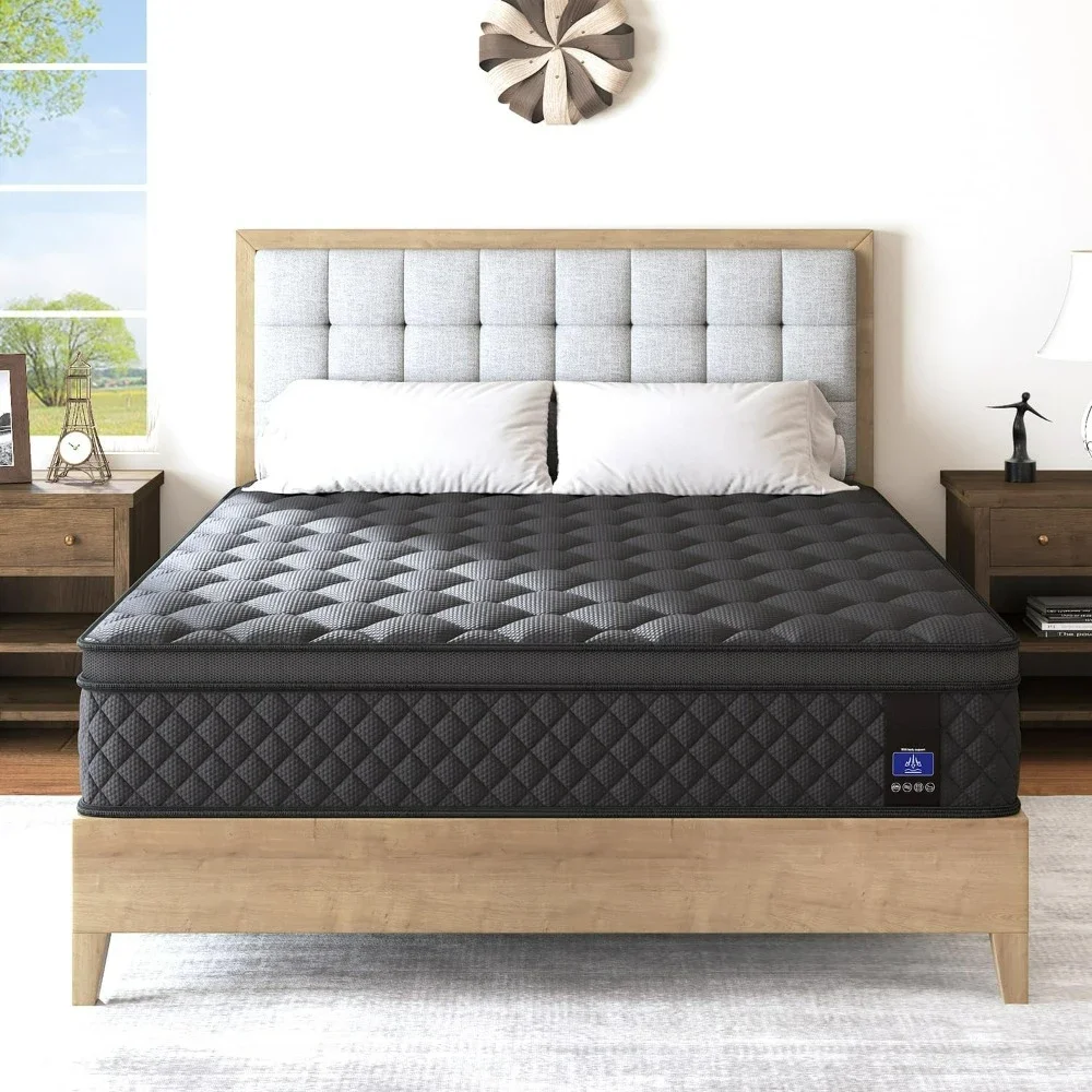 Queen Mattress,14 Inch Hybrid Mattress Black,Euro Top Mattress Medium Firm for Back & Lumbar Support,100 Night Trial, Individual 2