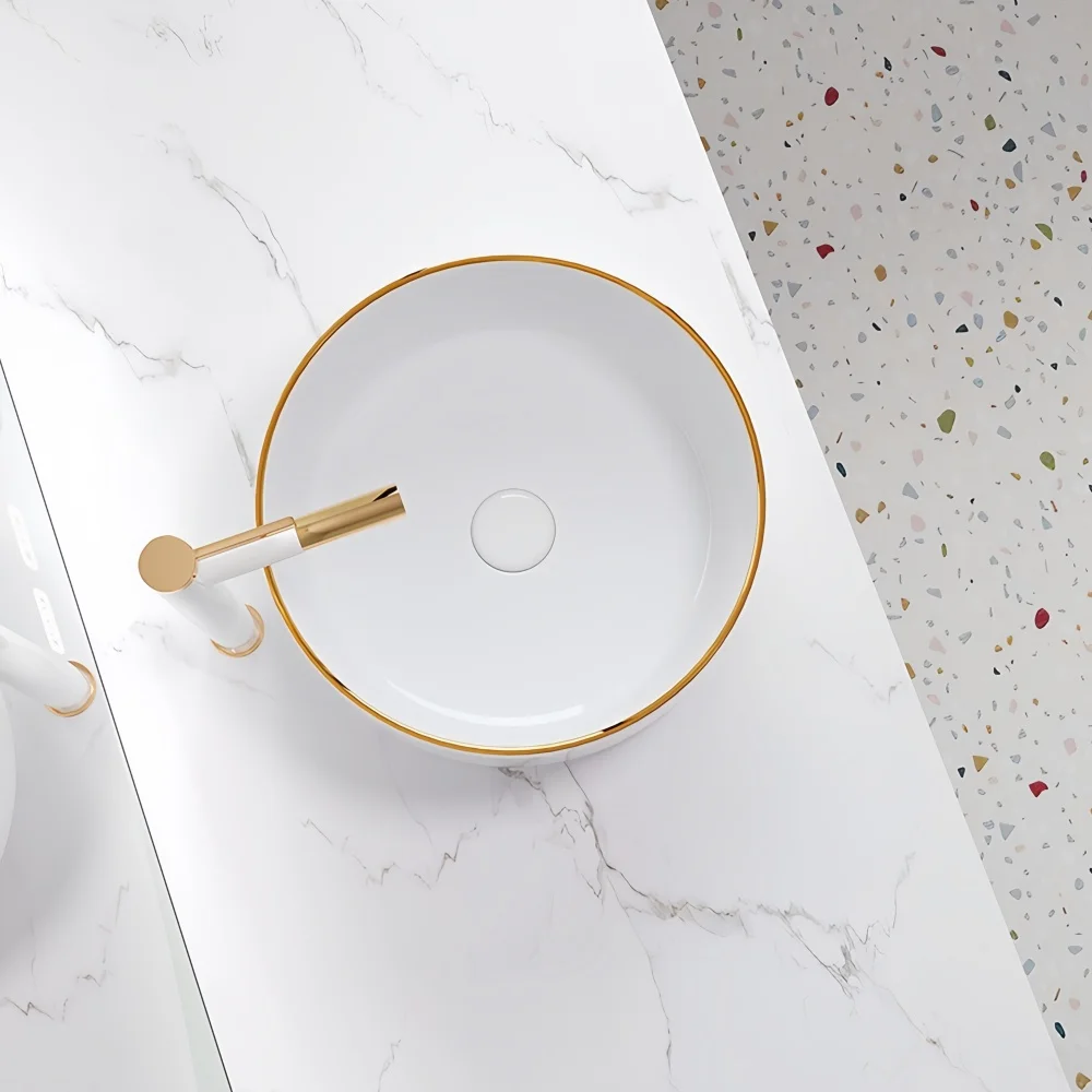 Marble patterned modern circular ceramic bathroom sink, freestanding washbasin, luxurious gold edged washbasin(excluding faucet) 3