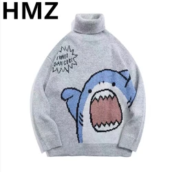 HMZ Couple Sweater Cartoon Shark Turtleneck Knitwear Sweater All Match Oversized Pullover Top Harajuku Hip Hop Loose Knit Jumper