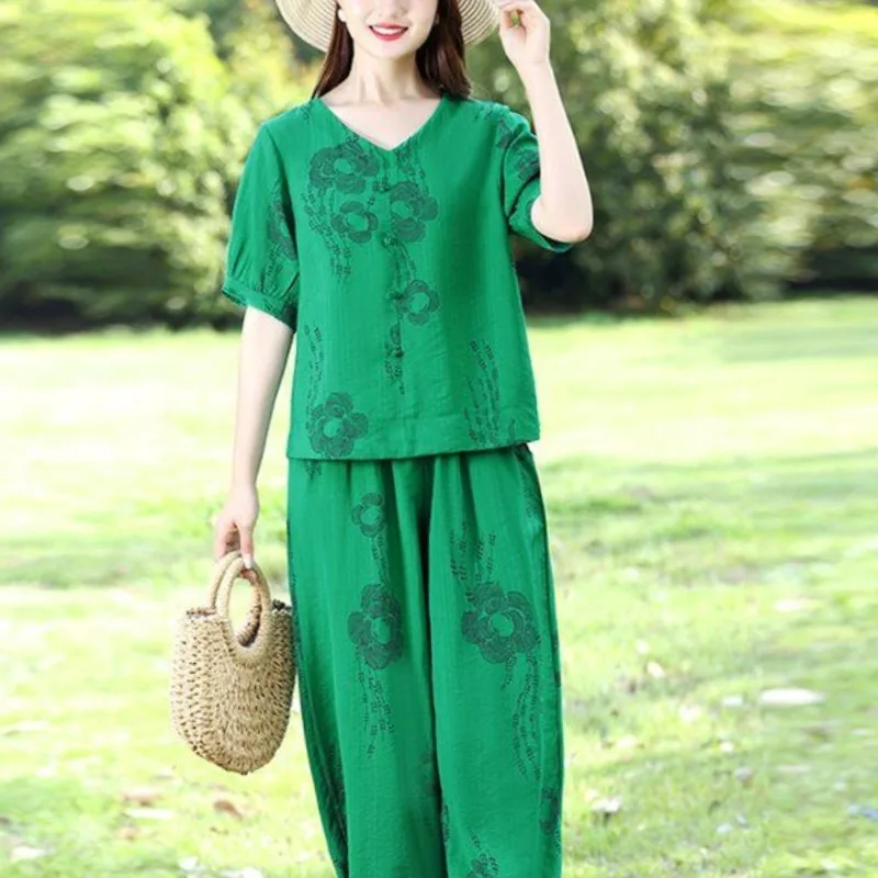 2024 New Women's Summer V-neck Button Print Style Casual Versatile Short Sleeve Loose Elastic Waist Cotton Hemp Pants Suit