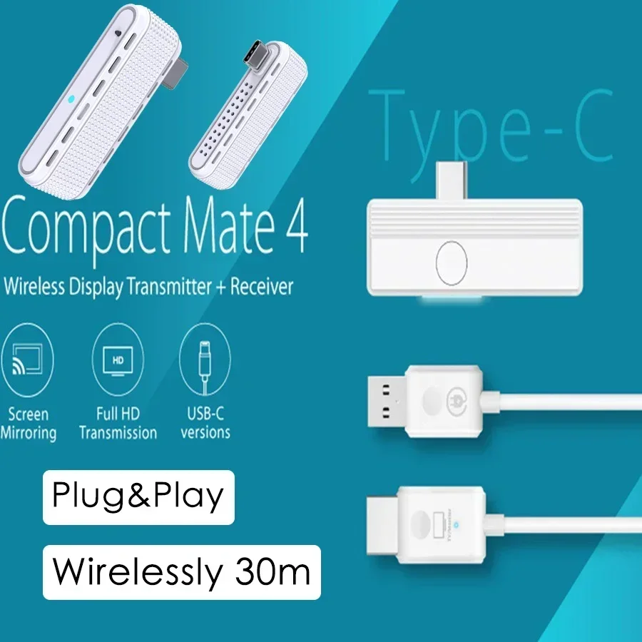 Type C Wireless Transmit Display Adapter USB-C To HDMI Extender Cable for IPhone15 DP-Alt Huawei Phone Laptop PC To TV Projector