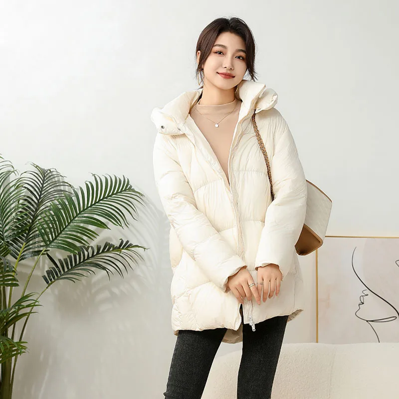 

2024 Winter White Duck Down Jacket Women New Long Hooded Solid Casual Puffer Coat Fashion Thick Warm Windproof Parkas Outwear