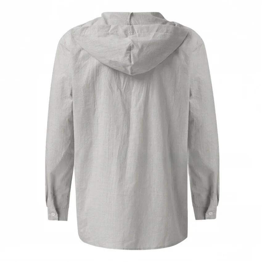 Summer Foreign Trade New Cross-border Cotton and Linen Long-sleeved Half-button V-neck Tie Collar Big Hooded Youth Shirt