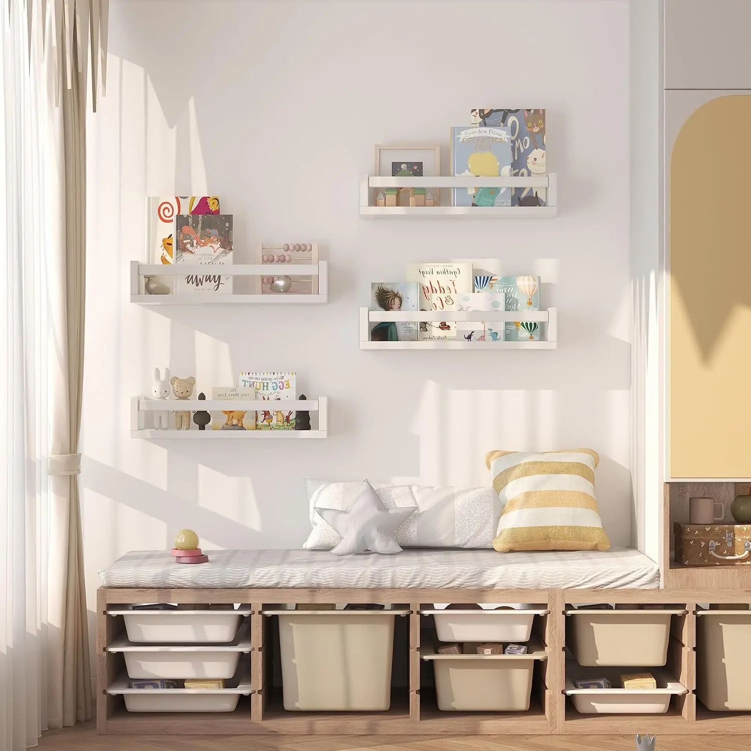 Set of 4 Wall-Mounted Kid's Bookshelf - White Floating Nursery Book Shelves - Durable Wood Construction 6