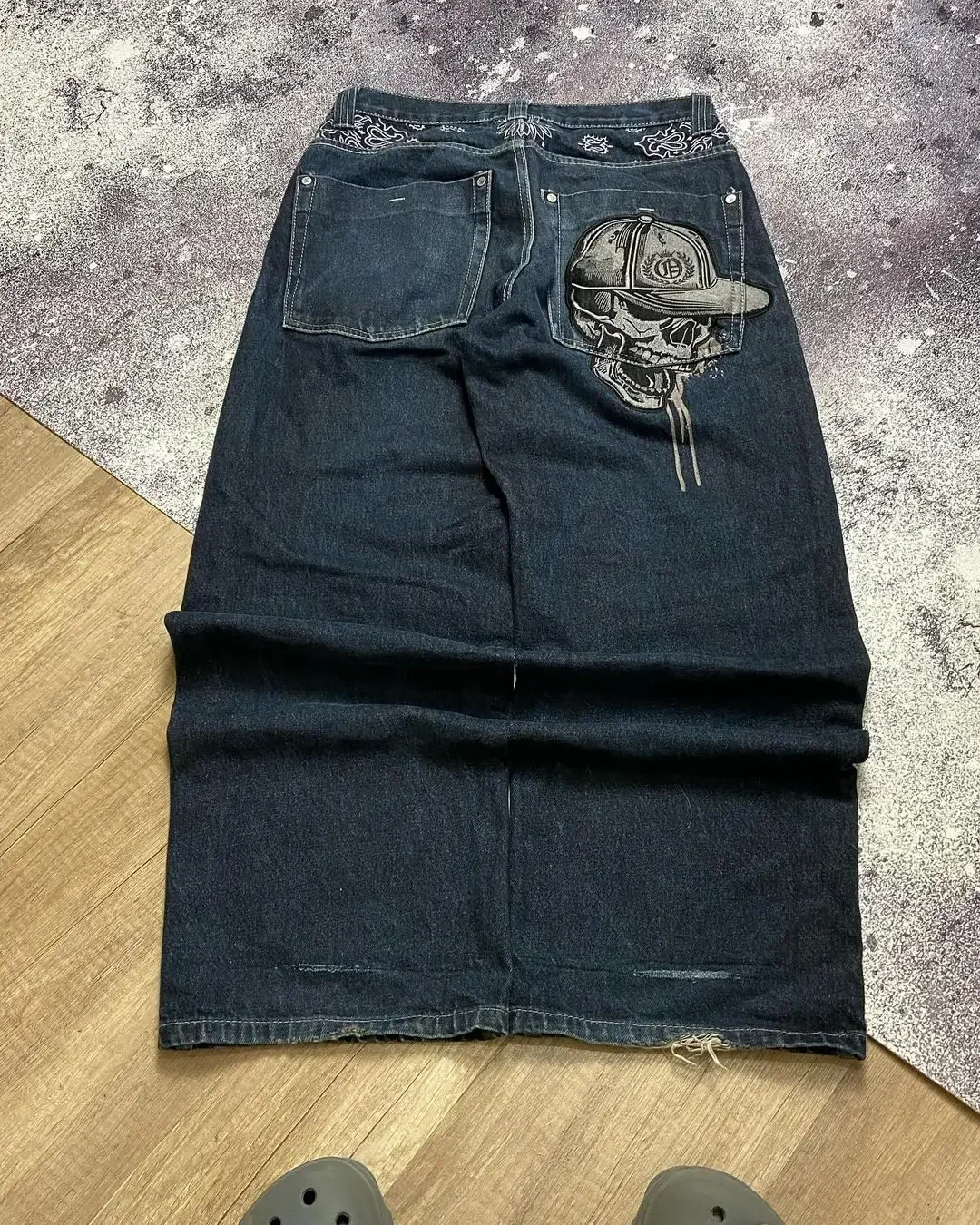 Y2K Goth Style Baggy Jeans High Street Hip Hop Embroidered Skull Loose Jeans Retro Washed Casual Wide Leg Denim Trousers New