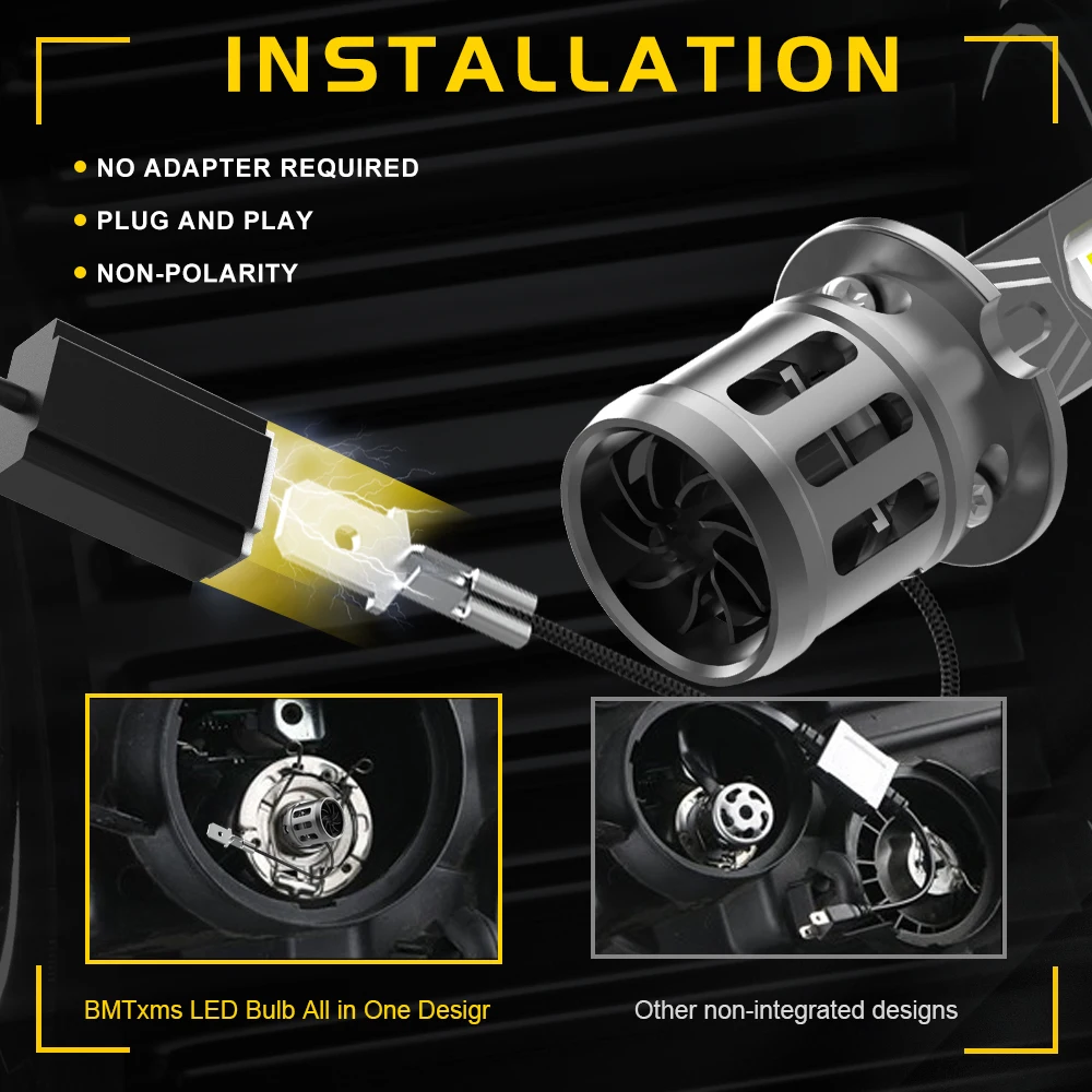 BMTxms 2PCS 1:1 팬 포함 H7 LED 모토 상하향등 헤드라이트 헤드램프 60W H1 H3 LED 자동차 안개등 DRL 램프 (BMW 혼다 스즈키 용)