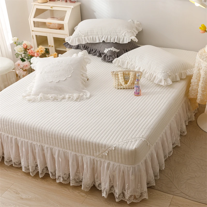 

100% Washed Cotton Elegant Lace Ruffles Quilted Solid Color Bed Skirt Mattress Cover Bedspread Pillowcase Princess Bedding Set