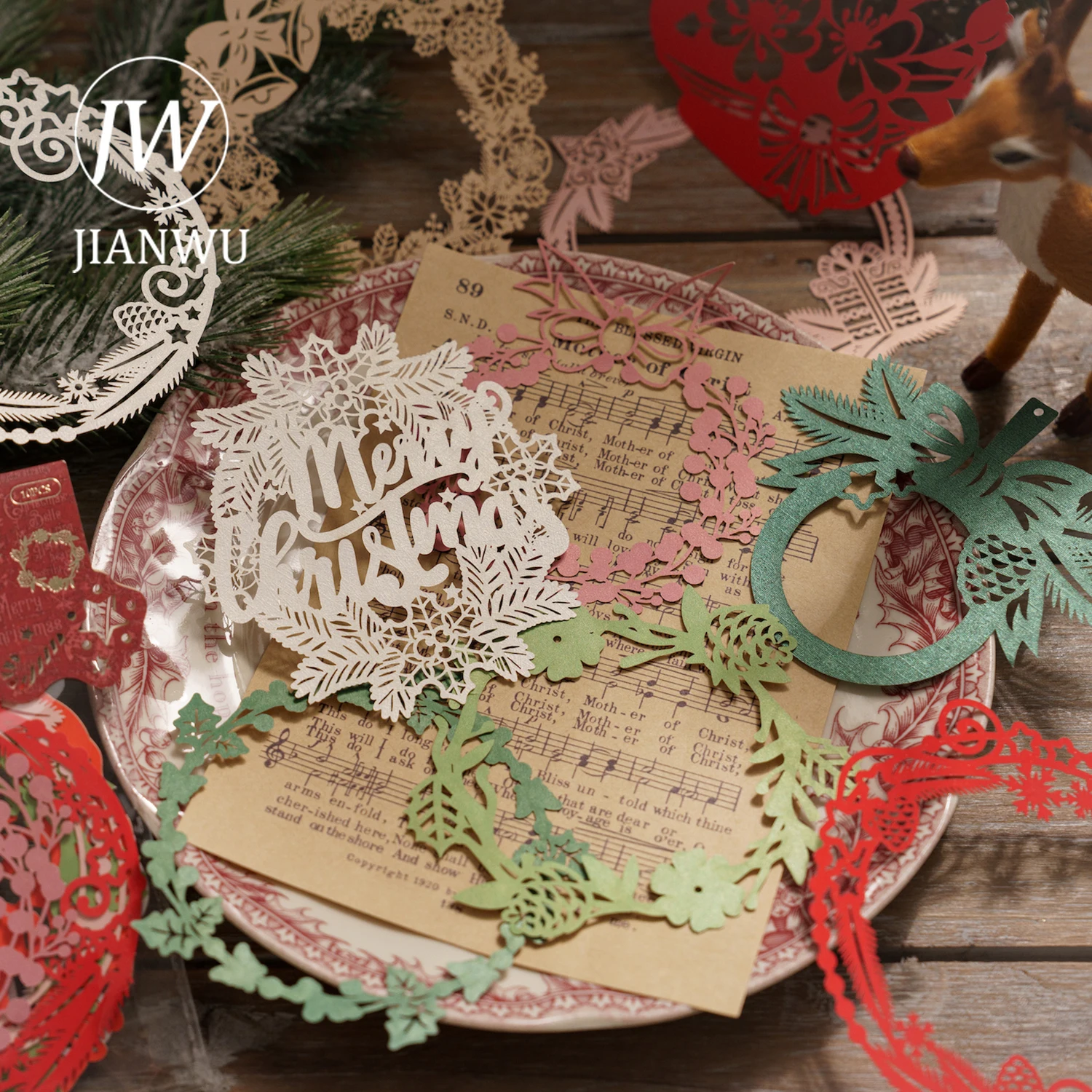 

JIANWU 10 Sheets Christmas Carol Series Simple Vintage Lace Hollow Decor Material Paper Creative DIY Journal Collage Stationery