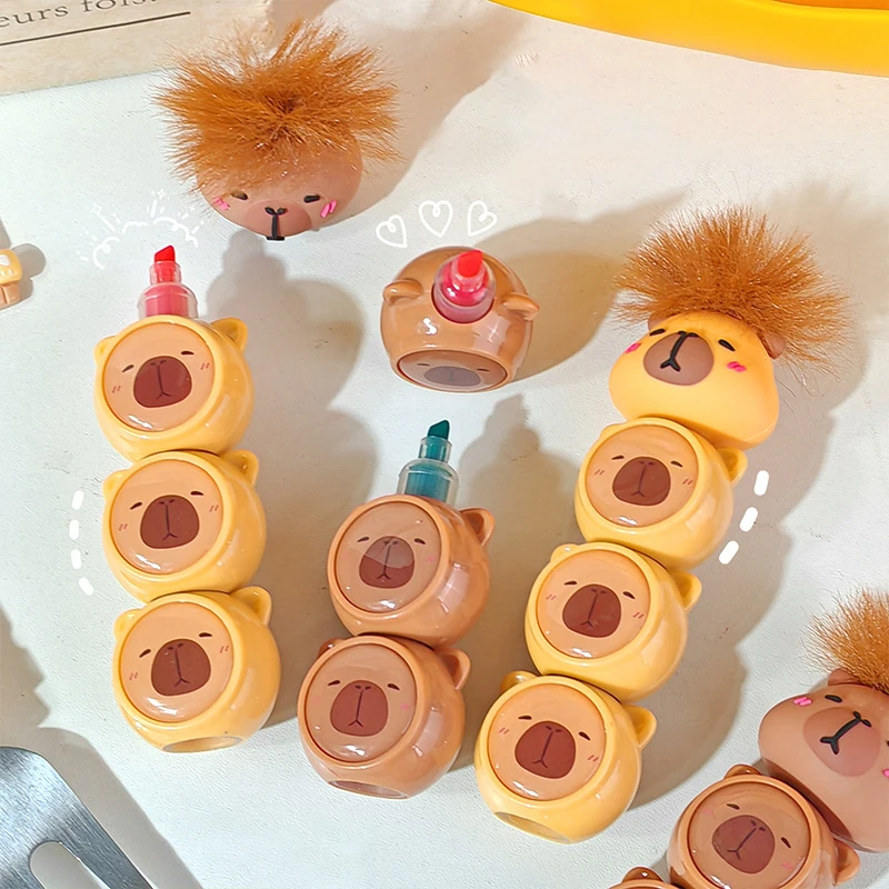 1PC Cute Silicone Head Capybara Highlighter Pen Cartoon Art Fluorescent Markers Office Supplies Student Stationery Kids Gift