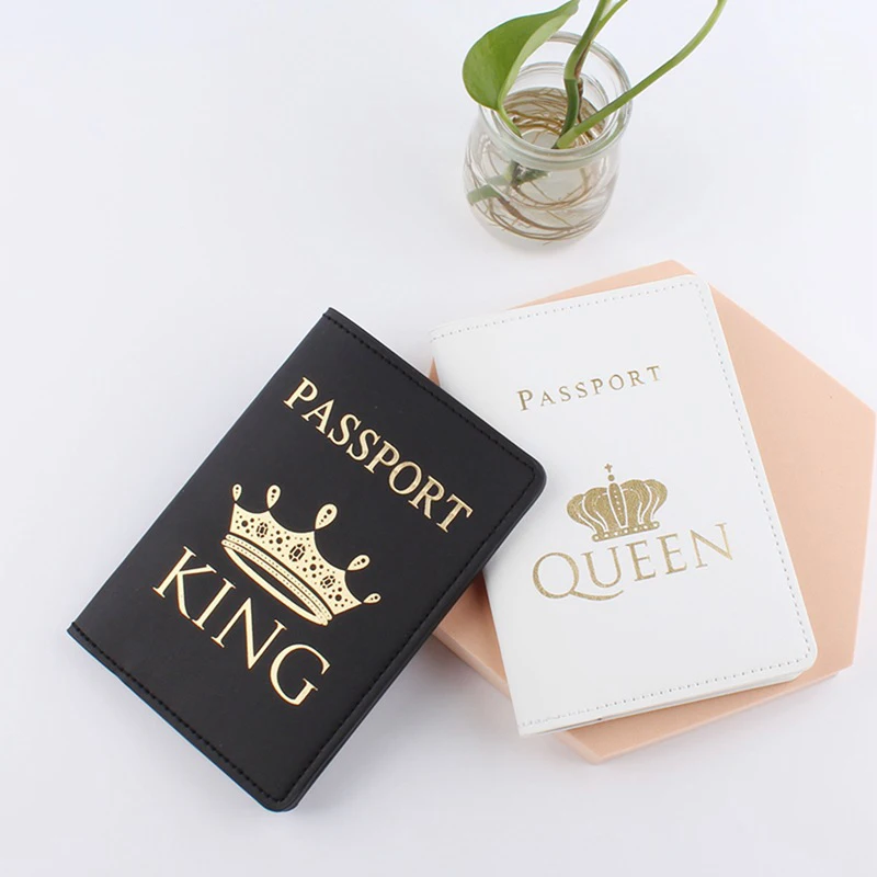 

Lover Couple Passport Cover Hot Stamping "KING & QUEEN." Women Men Travel Wedding Passport Cover Holder Fashion Wedding Gift