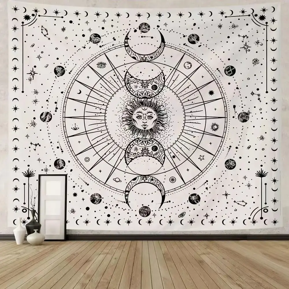Psychedelic Sun And Moon Constellation Tapestry Bedroom Decoration Black And White Pattern Wall Hanging 1 Piece Of 75x58CM tapestry decor