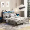 Vabches Queen Size Bed Frame with Storage Headboard Metal Platform Bed Frame with Power Outlet&LED Lights for Bedroom Noise Free 1