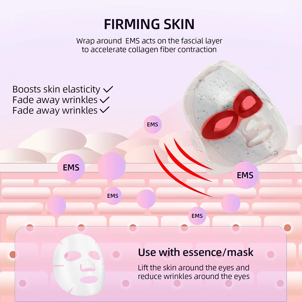 EMS Heating Therapy 7 Colors LED Photon Face Mask Beauty Microcurrent Skn Tighten EMS Mask Wireless Use Firming Skin Anti Acne