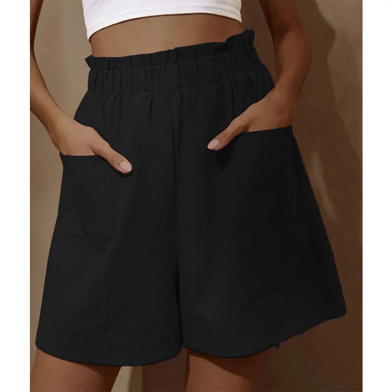 Fashion Loose Cotton Linen Wide Leg Pants Womens Flower Bud Elastic High Waist Spliced Double Pockets Solid Color Casual Shorts