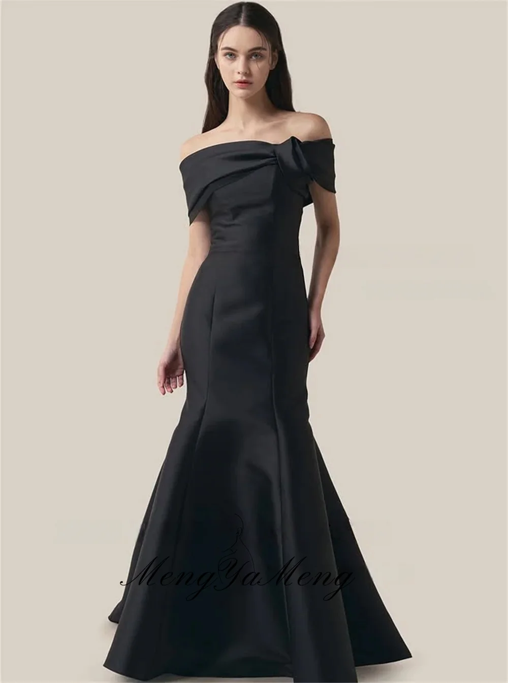 Simple Mermaid Black Korea Evening Dresses Off the Shoulder Customized Photo shoot Thick Satin Floor Length Wedding Dress