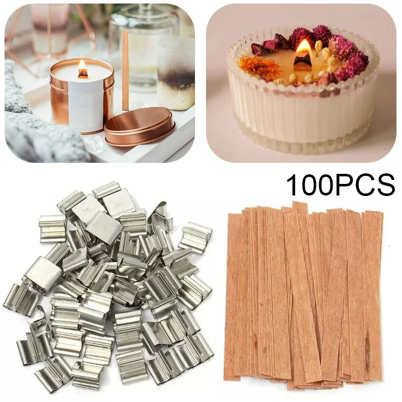 

100pcs Wooden Candle Wicks Candle Making Wicks with Sustainer Tab 6~19mm Naturally Smokeless Wood Core for DIY Candle Jar Making