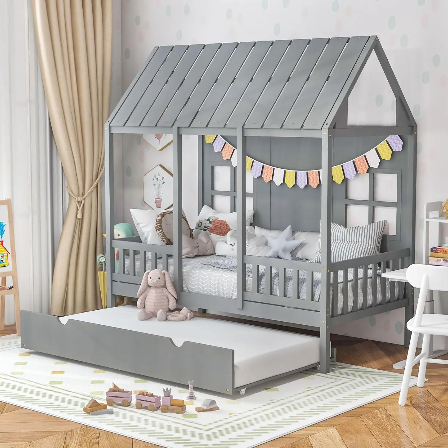 Twin House Bed with Trundle Kids Bed Frame with 82" Tall Roof Windows and Guardrail Wooden Playhouse for Teens