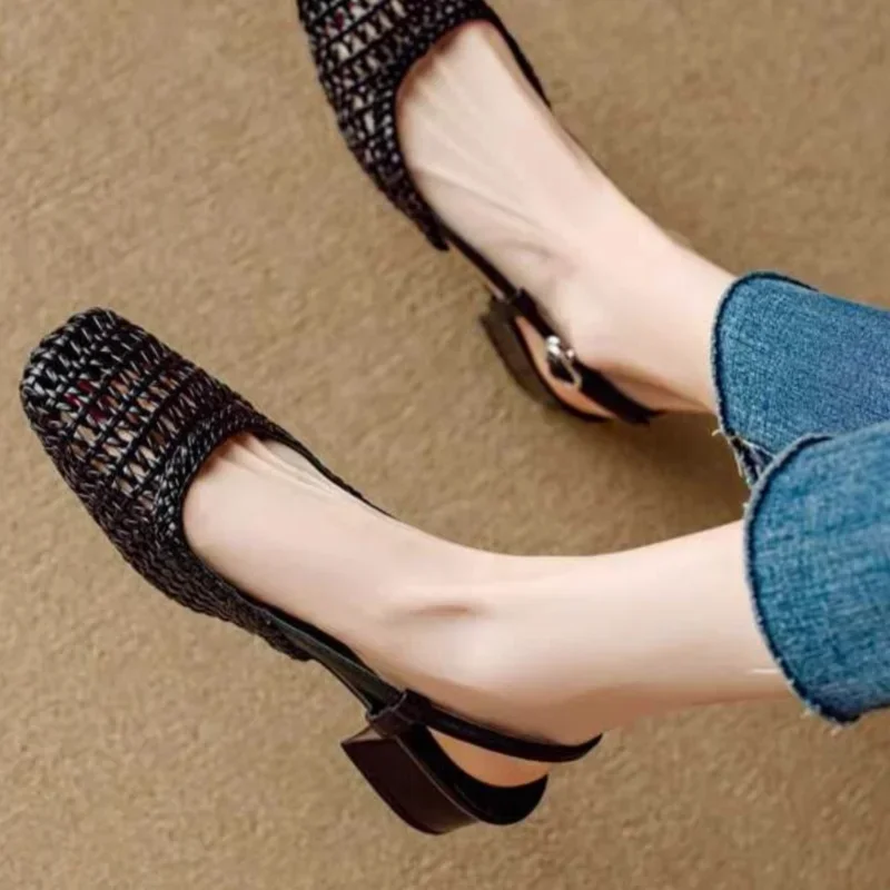 Women Sandals Comfortable Sandals Women High Heels Versatile Solid Color Summer Sandals Women's Pointed Toe Shoes Covered Toe Shoes Fashion Hollow High Heels