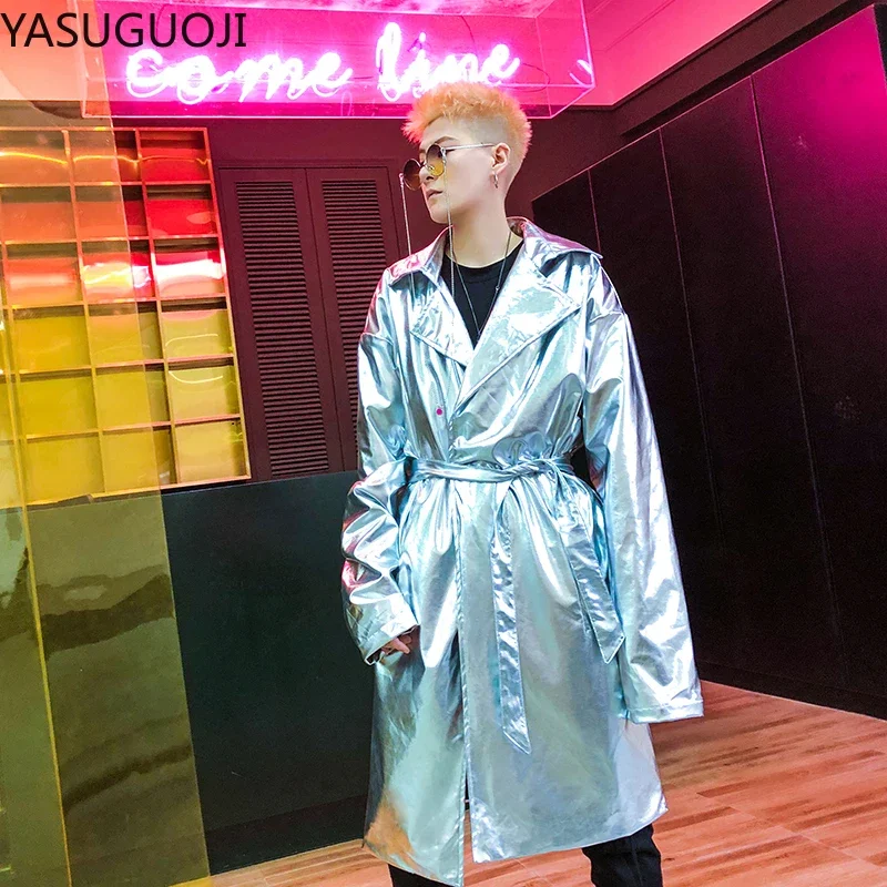 Hip Hop Harajuku Streetwear Reflective Mens Shiny Gold Trench Coat Nightclub DJ Dancer Stage Performance Glossy Windbreaker