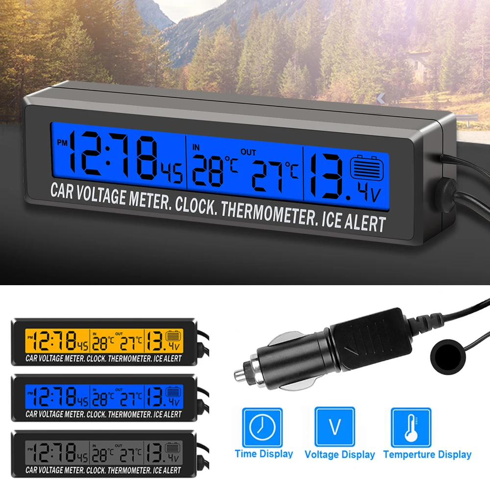Digital LCD Clock Car Voltmeter Thermometer Battery Voltage Temprerature Monitor 12V/24V LED Backlight with Cigarette Socket car voltmeter thermometer