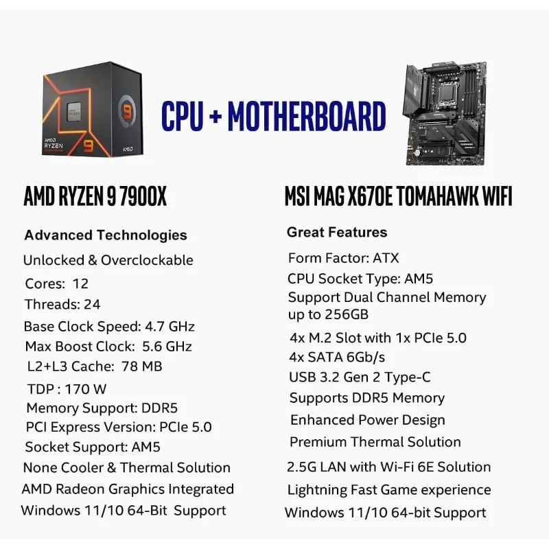 AMD Ryzen 9 7900X CPU Processor   (AM5, DDR5, PCIe 5.0, USB 3.2 Gen 2, Wi-Fi 6E, ATX), Sold by Micro Center 2