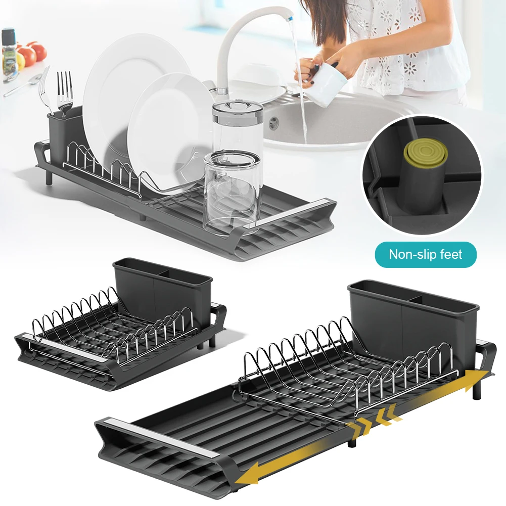 Dish Drying Rack Extendable Dish Rack for Kitchen Countertop with Draining Tray  Rustfree Rack for 8 Plates with 2 Utensil Holder - AliExpress