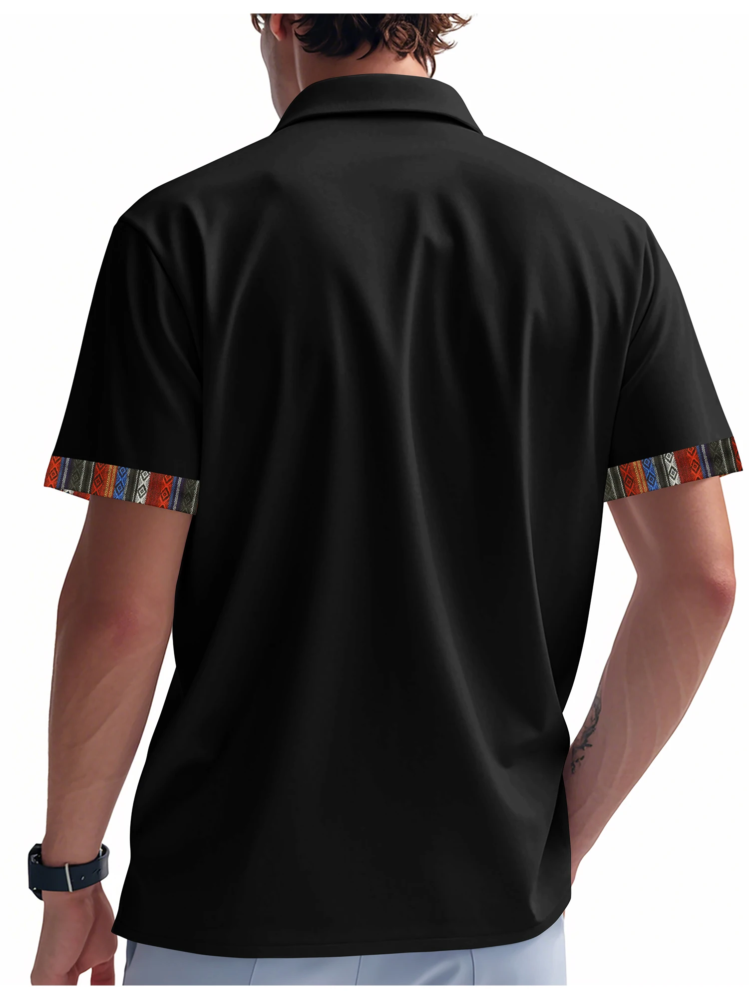 Bohemian Inspired Men s Short Sleeve Shirt with Half Button-up Collar and Stylish Contrast Trim for Casual Summer Wear