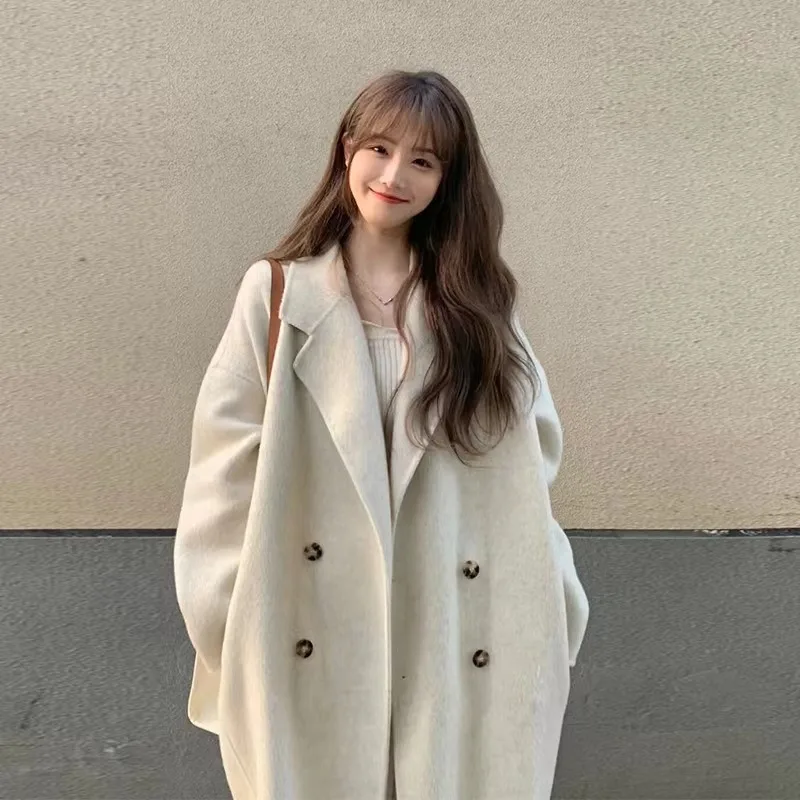 

Warm Mid Length Loose Wool Blend Coat Korean Women New Thick Overcoat Fall Winter Solid Double Breasted Parkas Jaqueta