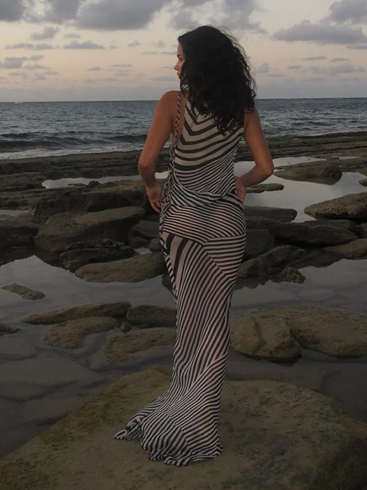 Transparent Gedruckt Halter Top Rock Anzüge Frauen Sexy Ärmellose Backless Lace Up Unregelmäßige Tops Lange Röcke Chic Dame Beachwear – Detail 18