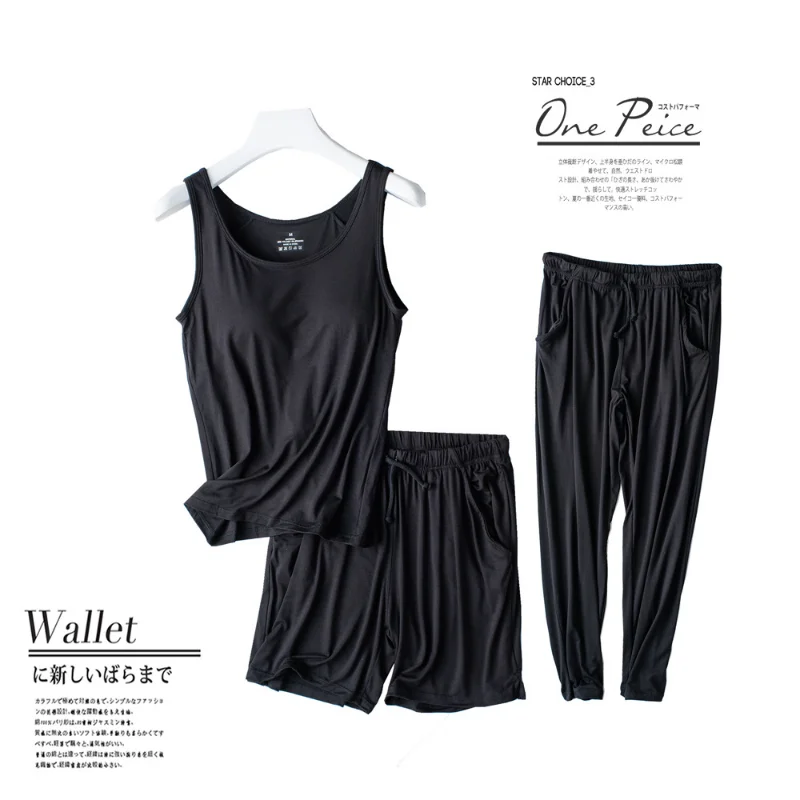 Spring/Summer 2024 New Women's Pajamas Three piece modal Ladies Cushion Vest+Shorts+Pants Home Suit Set Tank Top Women