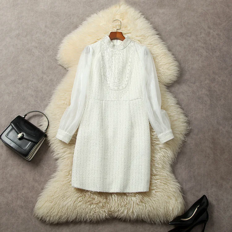 

European and American women's dress 2023 winter new Stand collar sequins Long sleeve patchwork tweed fashion Dresses