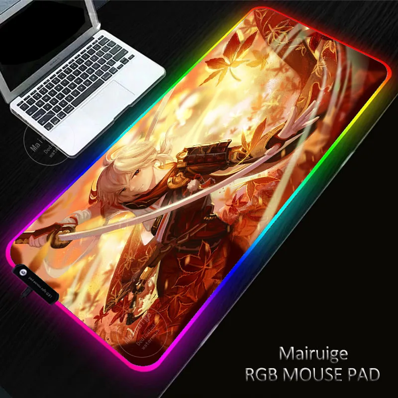 

40X90CM Anime LED Light Gaming Genshin Impact Kazuha Laptop MousePads RGB Large XXL Keyboard Non-Slip Rugs DeskMat Mousematforpc