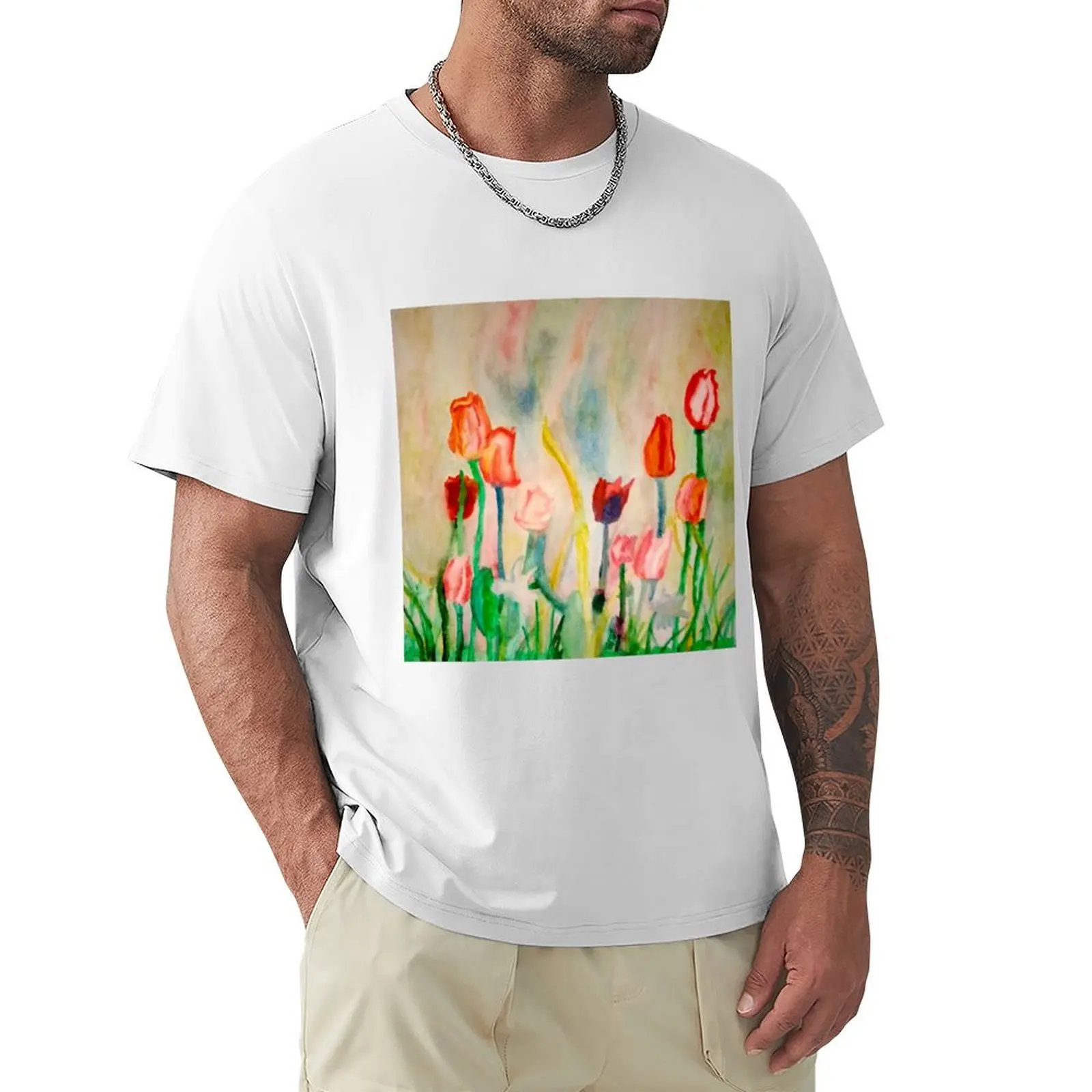 

Растущие тюльпаны, весна, картина маслом. Мужская футболка большого размера