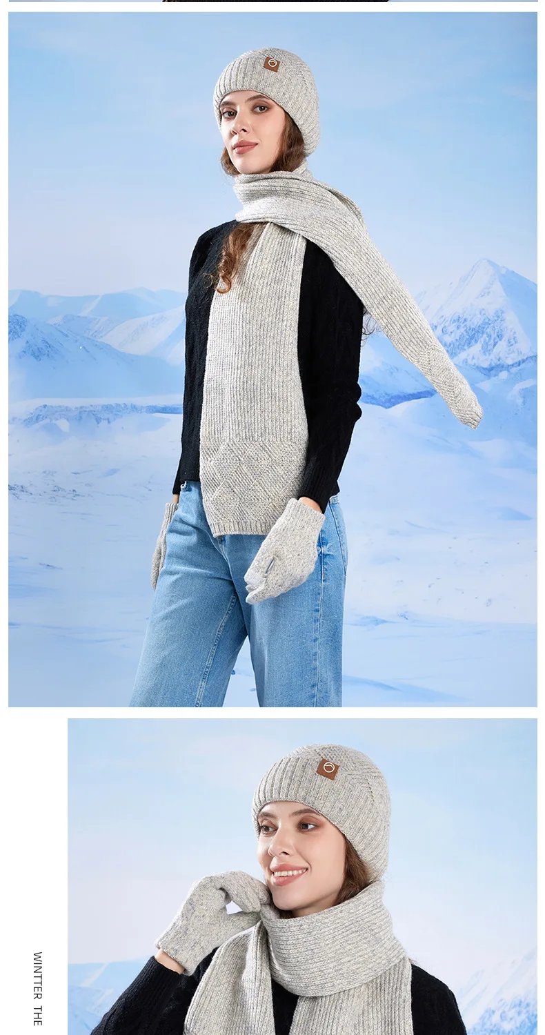 3pcWinter Knitted Hat Scarf Gloves Set for Women Men Cold Proof Ear Protection Scarf Warm Skullies Beanie Outdoor Cycling Skiing