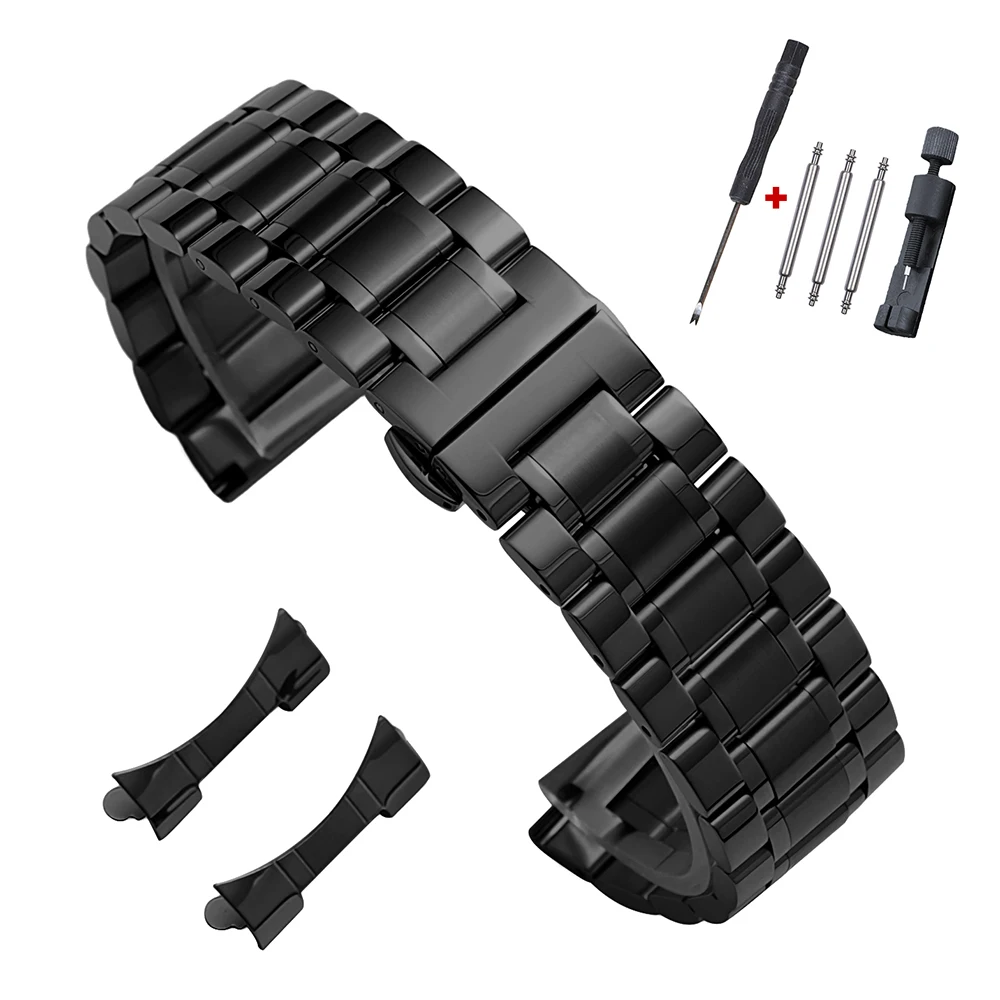 Curved End Solid Stainless Steel Watch Bracelet with Butterfly Buckle - Multiple Sizes Available