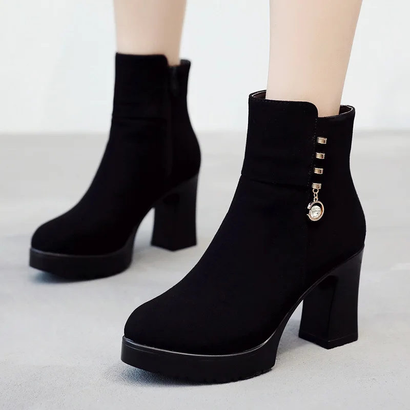 High quality short ankle suede leather boots for women 8.8cm high heel platform 2023 autumn winter 33 42 43 elegant shoe black