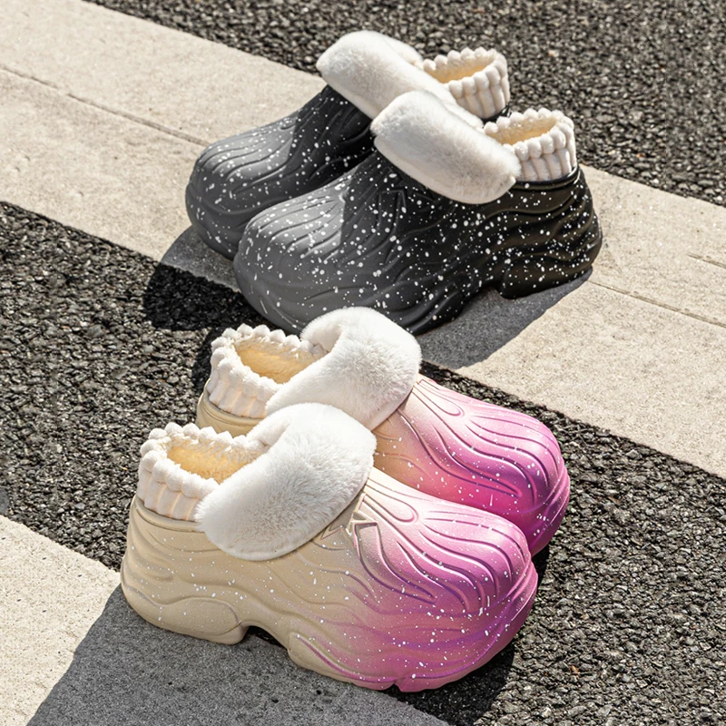 2025 New Starry Gradient Cotton Slippers Women Winter Fleece Lining Warm Garden Clogs Shoes Woman Chunky Platform Plush Slippers
