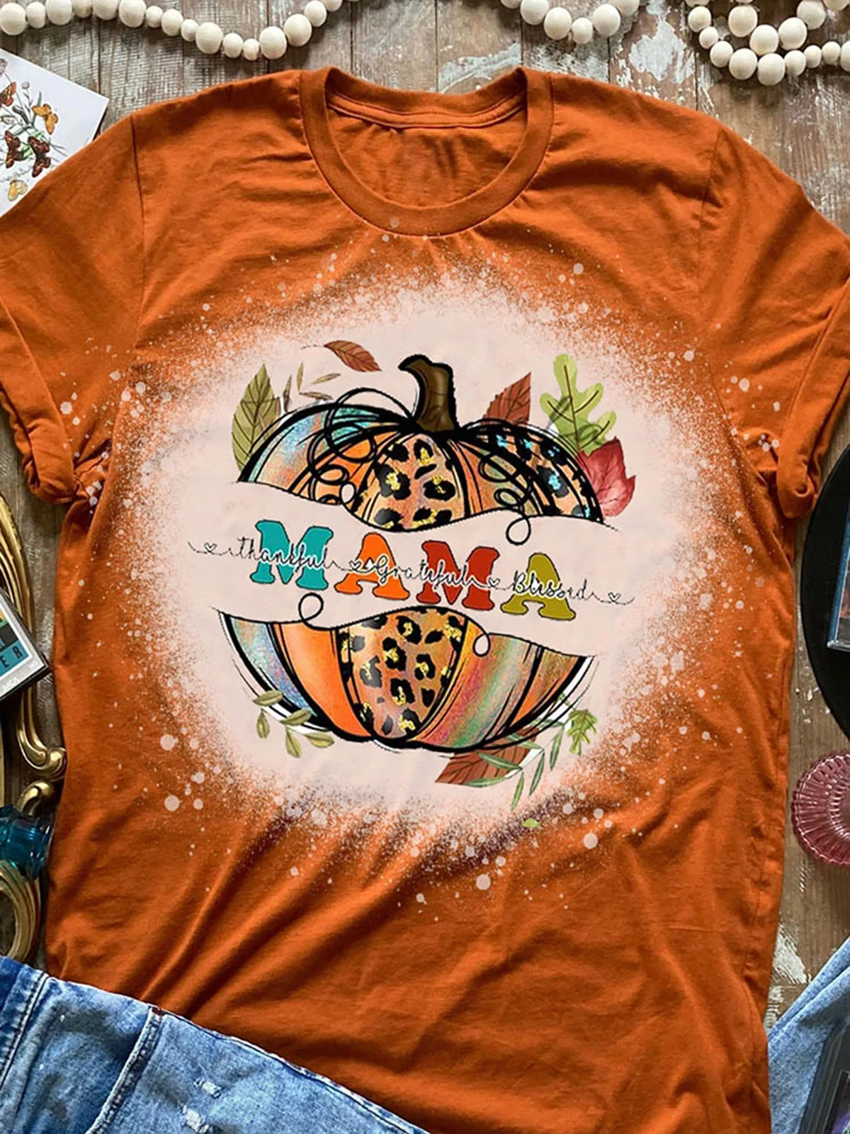 

2023 Mama Pumpkin Leopard Bleached T-Shirt Tee Orange Print Fashion Short Sleeve Leisure O-neck Streetwear Fashion For Women